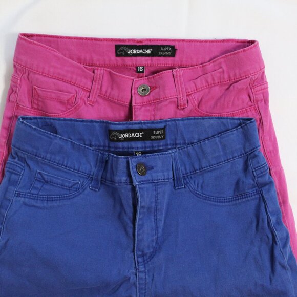 Jordache 2 Pair Super Skinny Girls Jeans-Size 16 Girls-FUCHSIA & ROYAL BLUE - Picture 2 of 4